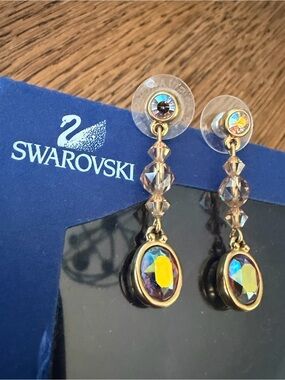 Vintage Swarovski Aurora Borealis Crystal Dangle Drop Earrings